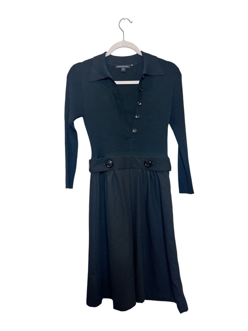Pepe Peluso Italian Black Long-Sleeve Collared Knit Dress